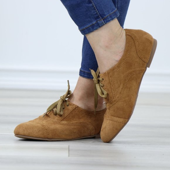 Tan Faux Suede Lace up Flat Heel Oxford Style Shoes - Picture 8 of 12